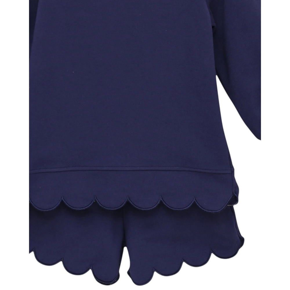 That Store navy cotton blend two-piece set for girls featuring delicate scalloped edges on the top and shorts