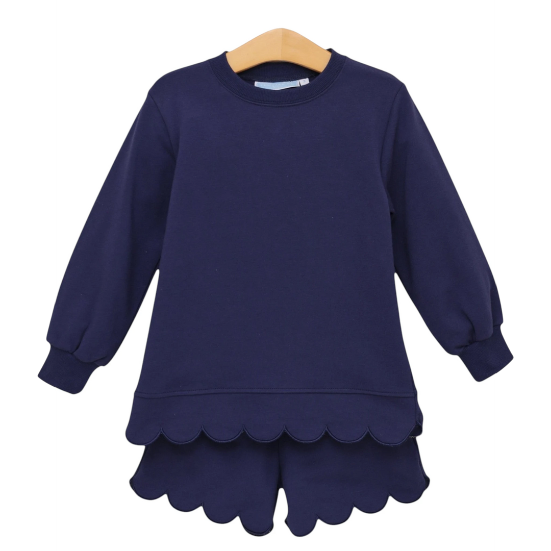 That Store navy blue two-piece girls set with long-sleeve top and shorts featuring delicate scalloped hem details.