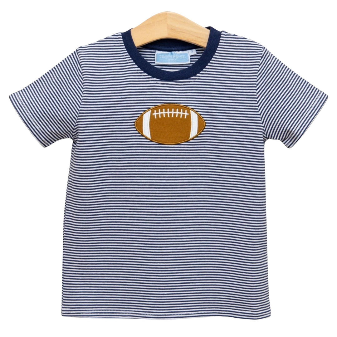 That Store boys navy and white striped cotton tee with a brown football applique on the chest