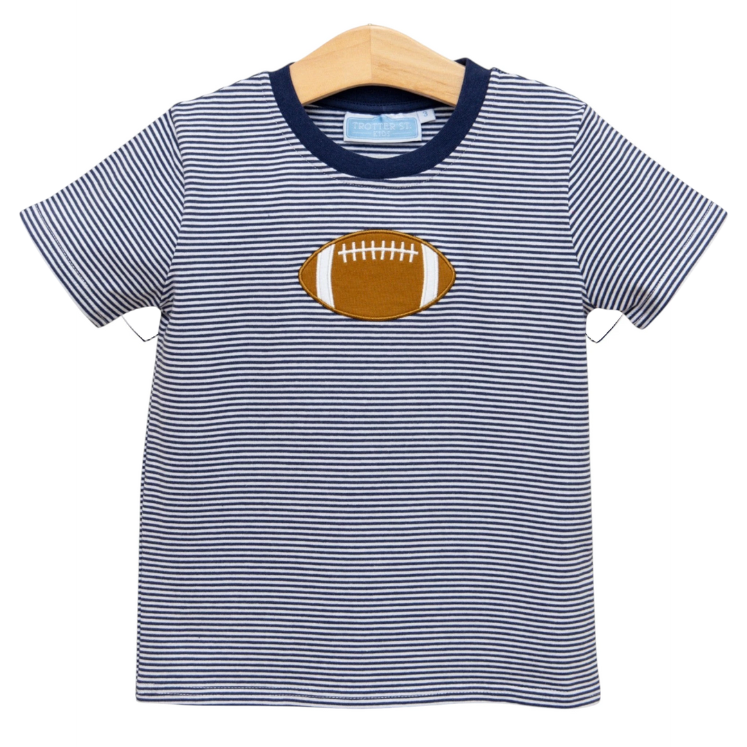 That Store boys navy and white striped cotton tee with a brown football applique on the chest