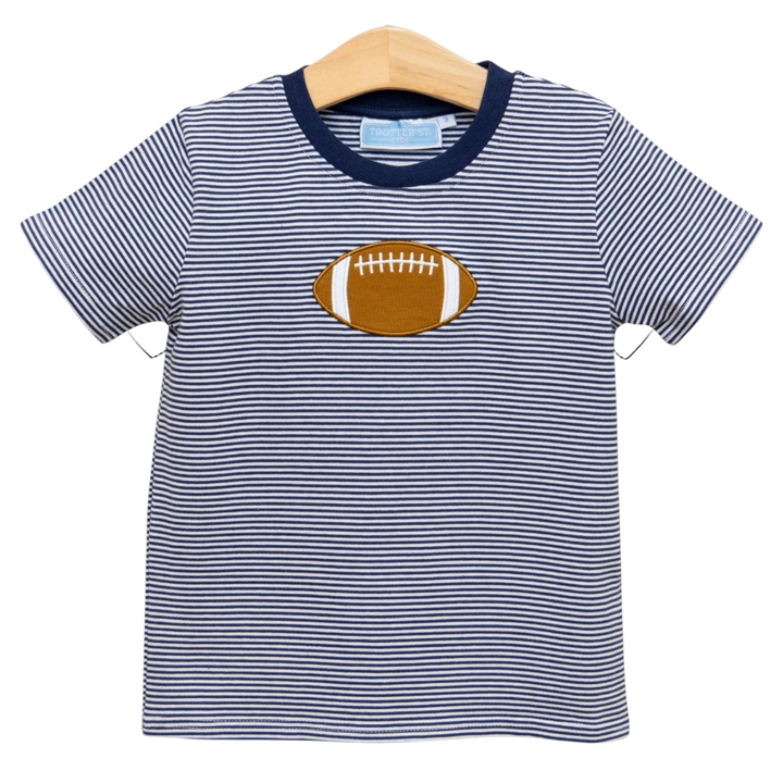 That Store boys navy and white striped cotton tee with a brown football applique on the chest