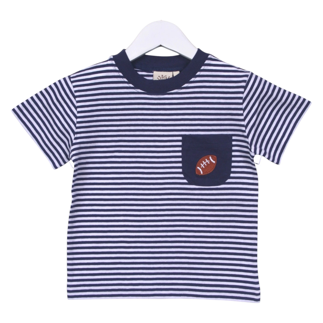 That Store navy and white striped cotton t-shirt featuring a small football applique on the chest pocket