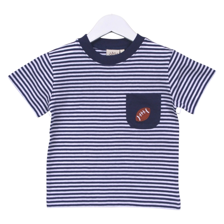 That Store navy and white striped cotton t-shirt featuring a small football applique on the chest pocket