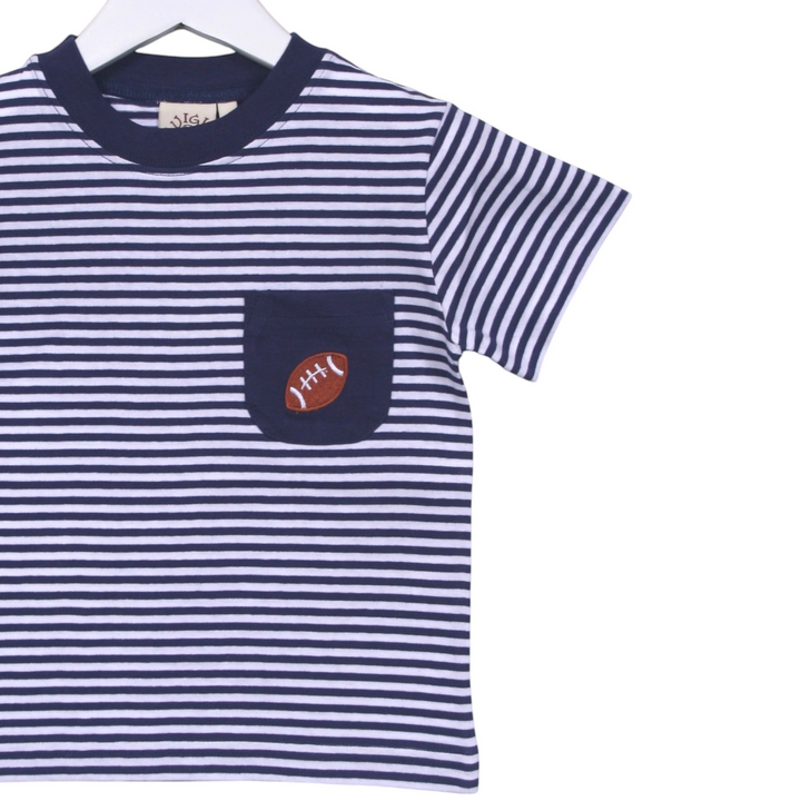 That Store navy and white striped cotton t-shirt with a football pocket applique for young sports fans