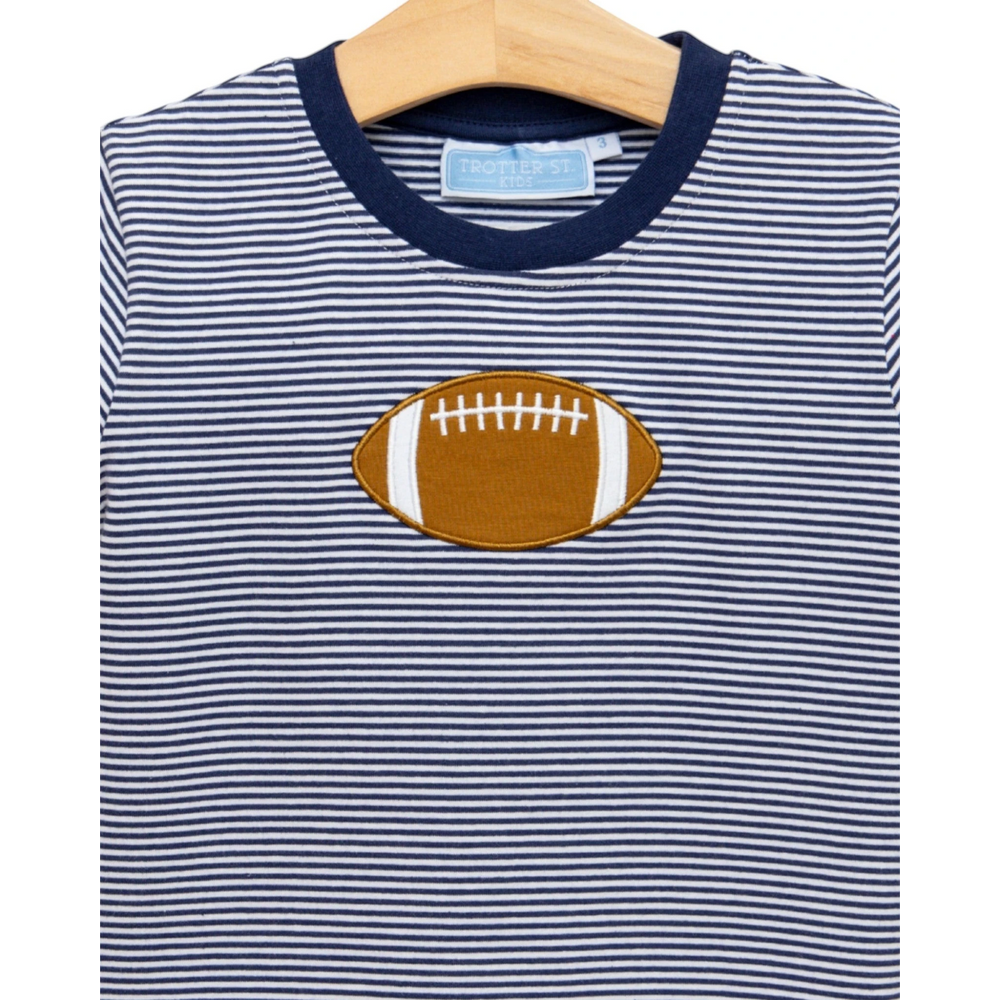That Store boys navy and white striped cotton tee with a brown football applique on the chest