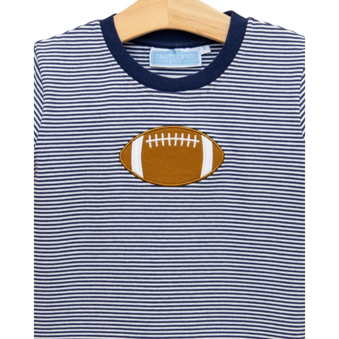 That Store boys navy and white striped cotton tee with a brown football applique on the chest
