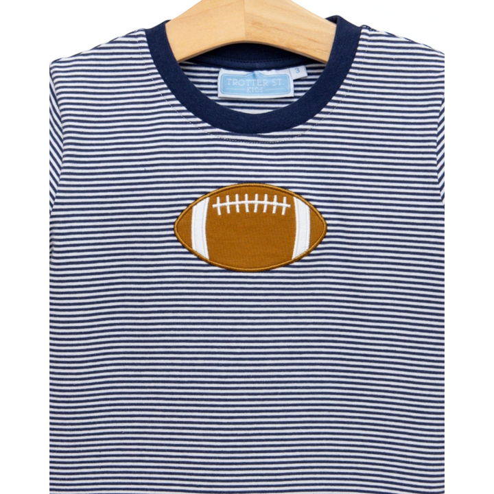 That Store boys navy and white striped cotton tee with a brown football applique on the chest