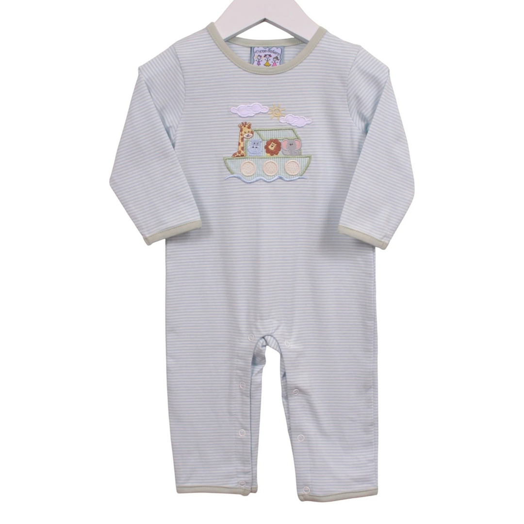 That Store baby boy romper in light blue stripes with a Noah's Ark animal applique and green trim details.