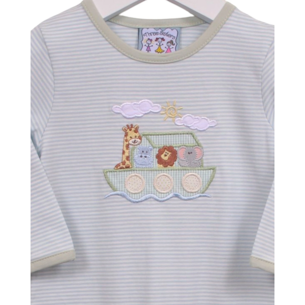 That Store baby boy romper in blue stripes with a Noah's Ark animal applique and green trim detail.