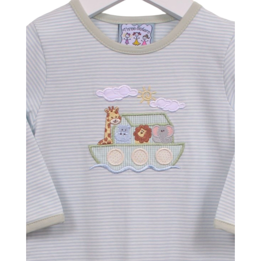 That Store baby boy romper in blue stripes with a Noah&