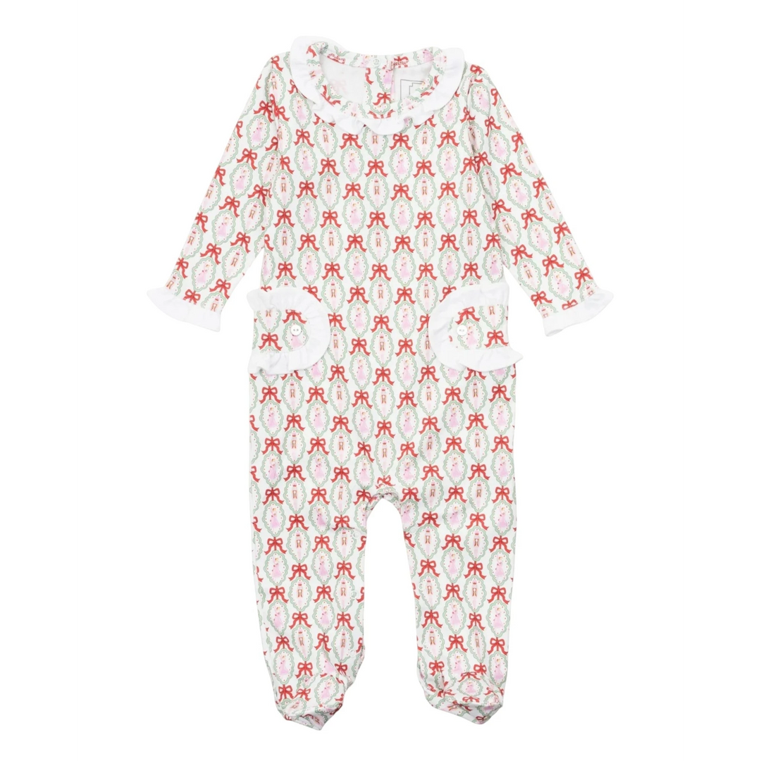 That Store long-sleeved pima cotton footed romper featuring a Nutcracker ballet print with ruffles and snap closures.