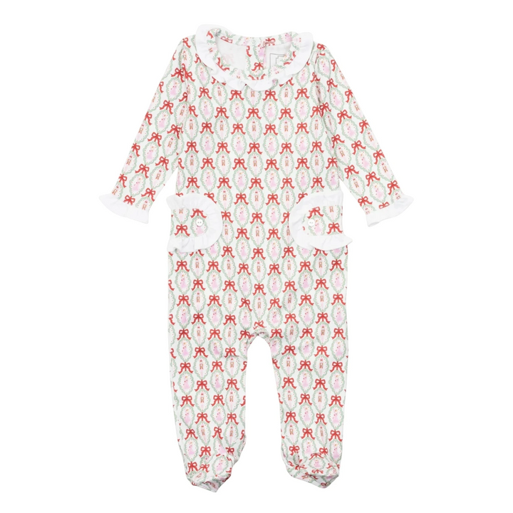 That Store long-sleeved pima cotton footed romper featuring a Nutcracker ballet print with ruffles and snap closures.