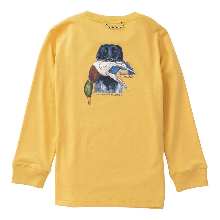That Store ochre long sleeve performance shirt with a duck hunting graphic on the back and a neck loop