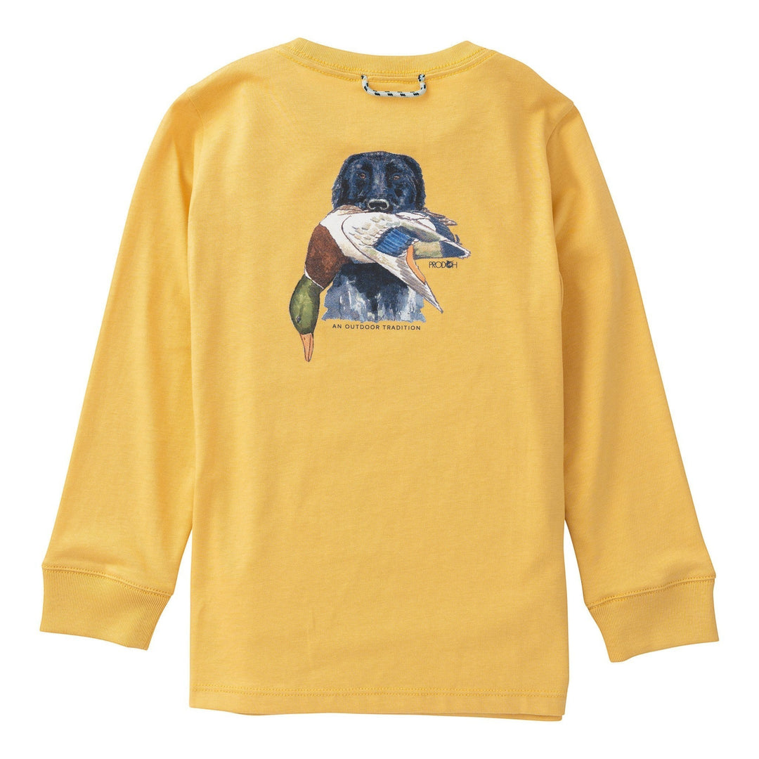 That Store ochre long sleeve performance shirt with duck hunting graphic on back and signature neck loop