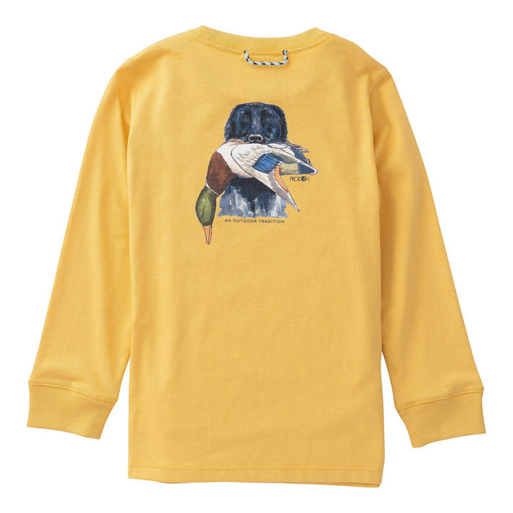 That Store ochre long sleeve performance shirt with duck hunting graphic on back and signature neck loop