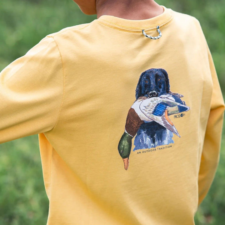 That Store ochre long sleeve performance shirt with a black retriever dog and mallard duck graphic on the back