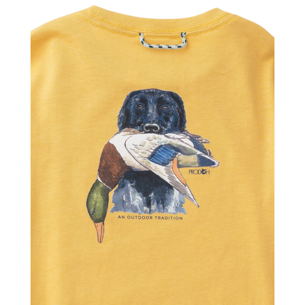 That Store ochre long sleeve performance shirt featuring a black retriever dog holding a mallard duck on the back