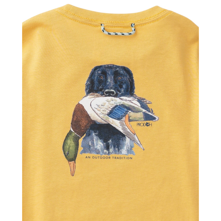 That Store ochre long sleeve performance shirt featuring a black retriever dog holding a mallard duck on the back