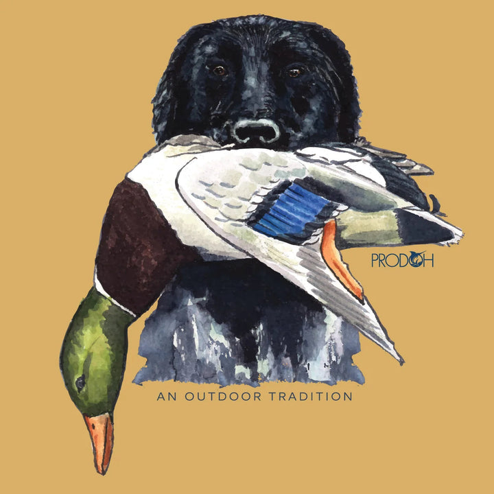 That Store ochre long sleeve performance shirt featuring a watercolor illustration of a black dog holding a mallard.