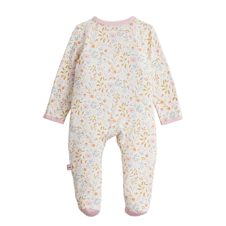That Store Oinklet modal baby footie featuring a floral pig print with pink trim and long sleeves