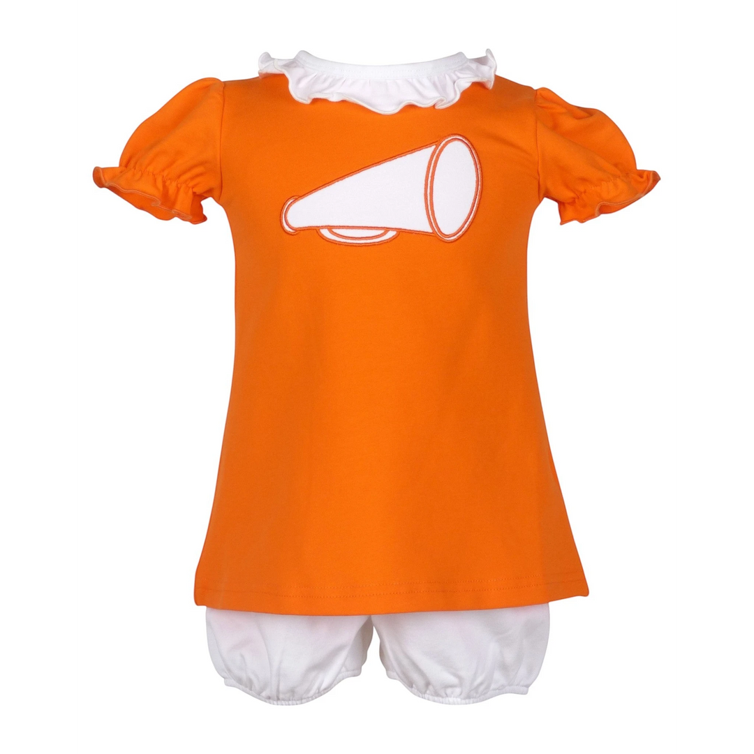 That Store orange cotton bloomer set for girls featuring a white megaphone applique and ruffled collar