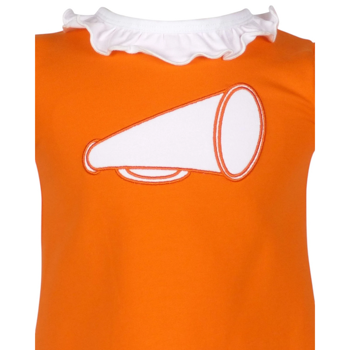 That Store orange cotton blend girls top with white ruffled collar and megaphone applique for game day spirit