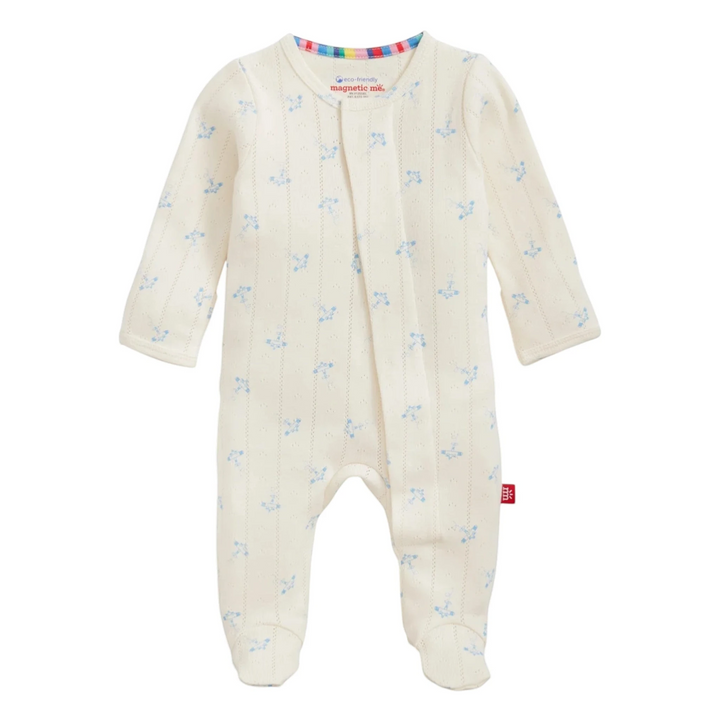 That Store organic cotton pointelle baby footie in cream with a blue airplane print and magnetic closures