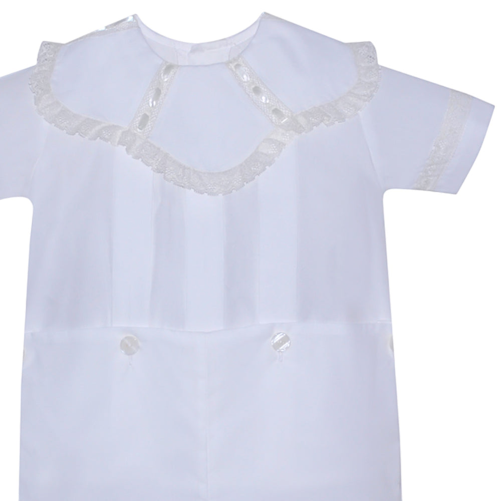 That Store white Paisley Heirloom button-on outfit featuring a spoke collar with delicate ecru lace detailing.