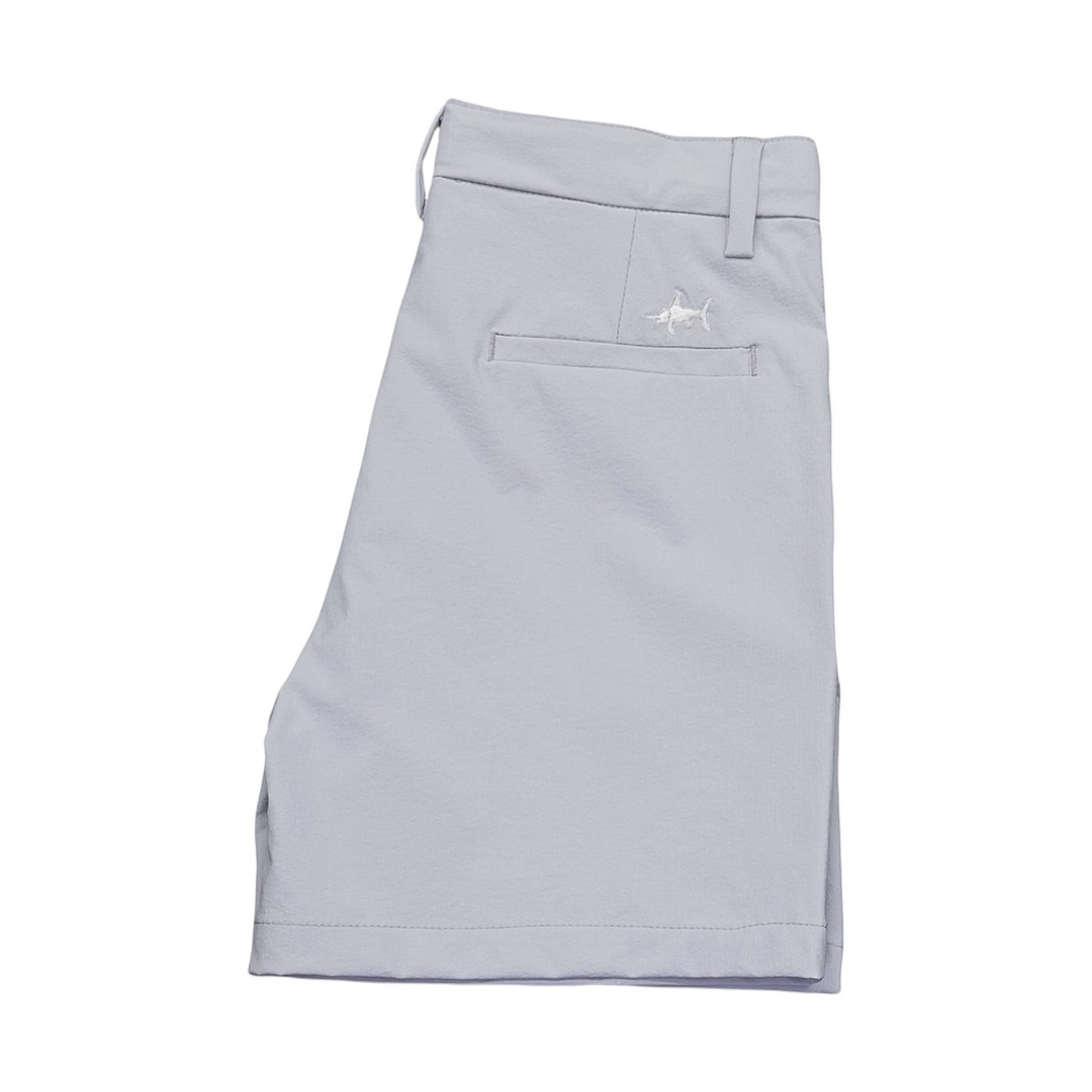 That Store Palmer Performance Shorts in light grey with moisture-wicking stretch fabric and embroidered marlin logo