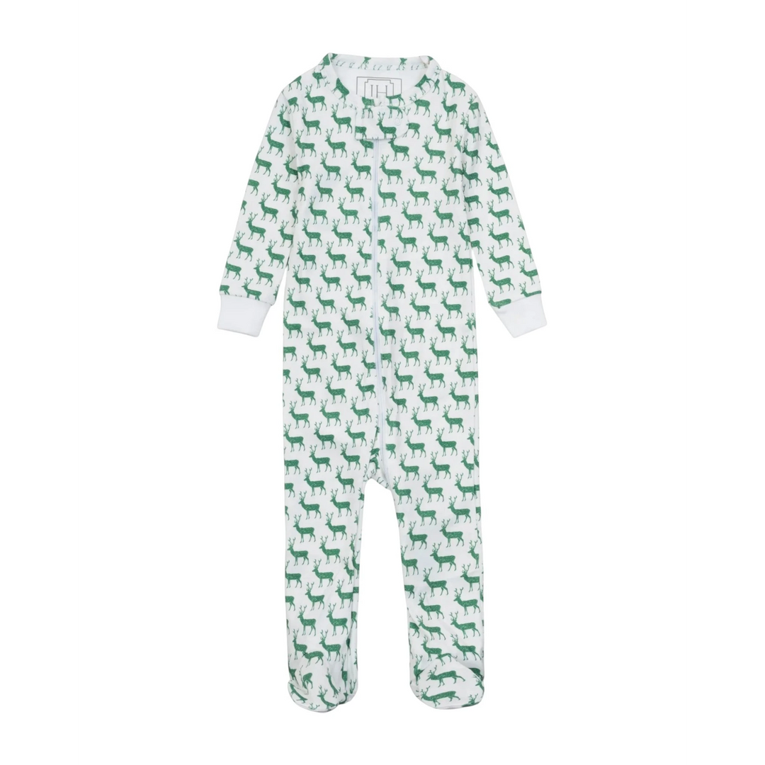 That Store Parker boys' white Pima cotton zippered pajama featuring a green woodland deer print with footed design.