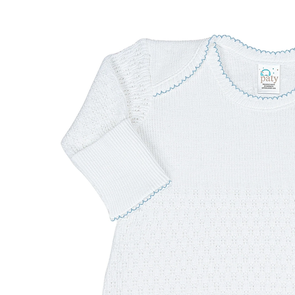 That Store Paty Knit baby gown in white cotton blend with blue stitched trim and fold-over cuffs