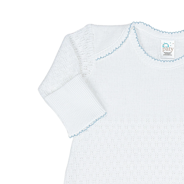 That Store Paty Knit baby gown in white cotton blend with blue stitched trim and fold-over cuffs