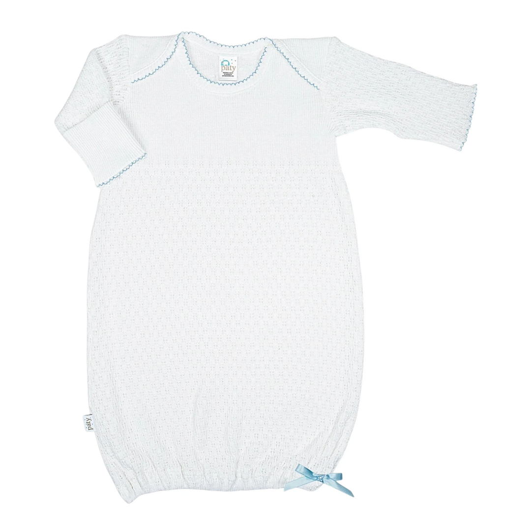 That Store Paty Knit baby gown in white with blue trim, featuring fold-over cuffs and a delicate ribbon detail.