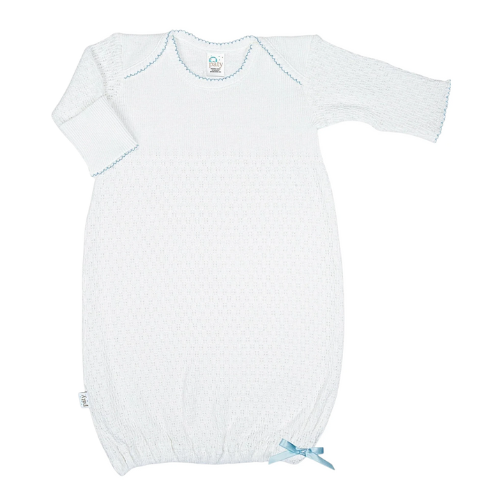 That Store Paty Knit baby gown in white with blue trim, featuring fold-over cuffs and a delicate ribbon detail.