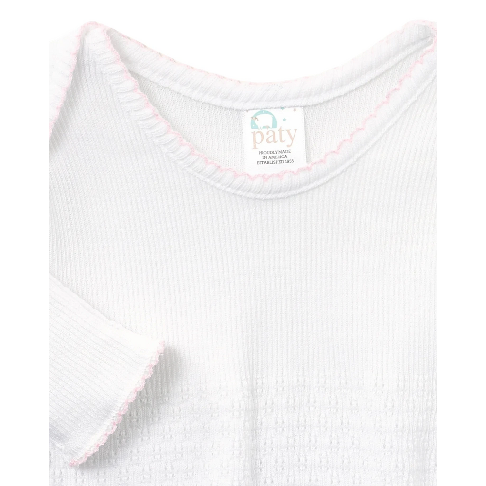 That Store Paty Knit baby gown in white with delicate pink picot trim on the neckline and cuffs