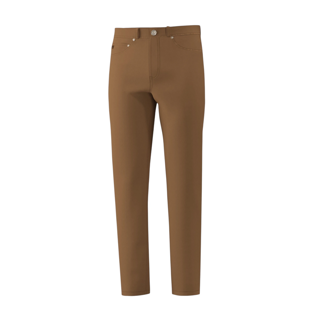 That Store Payton youth brown stretch canvas five-pocket pants with antique brass button and broken-in finish.