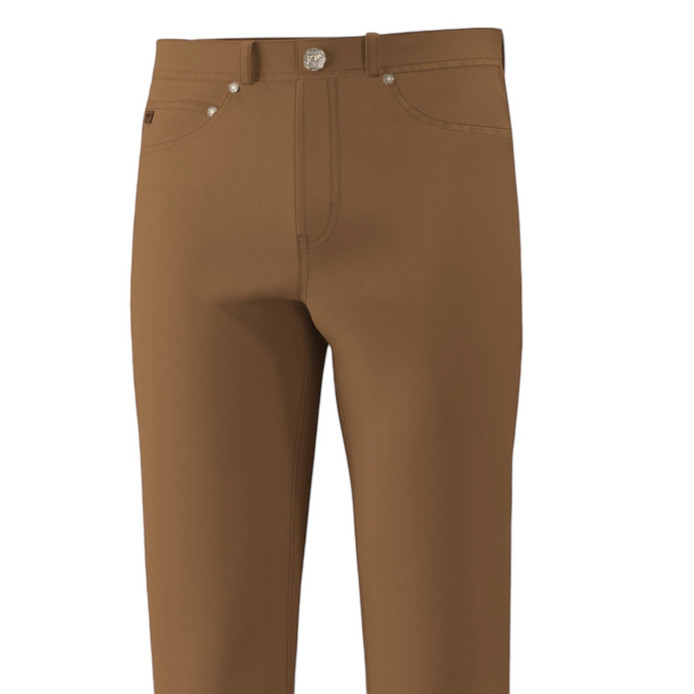 That Store Payton youth brown five-pocket pants in stretch canvas with antique brass button and logo patch