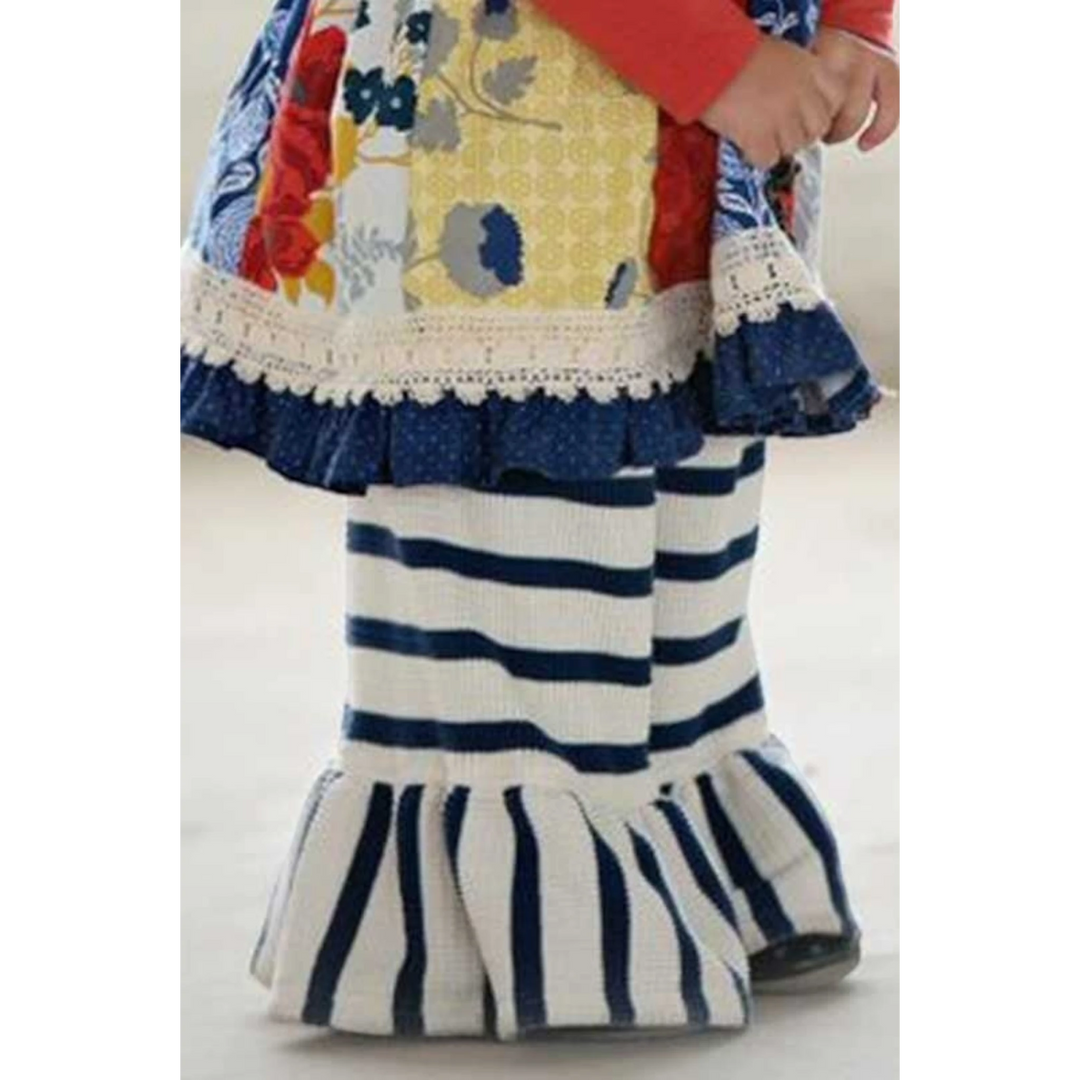 That Store Persnickety Navy Belle pants featuring navy and cream horizontal stripes with a ruffled hem