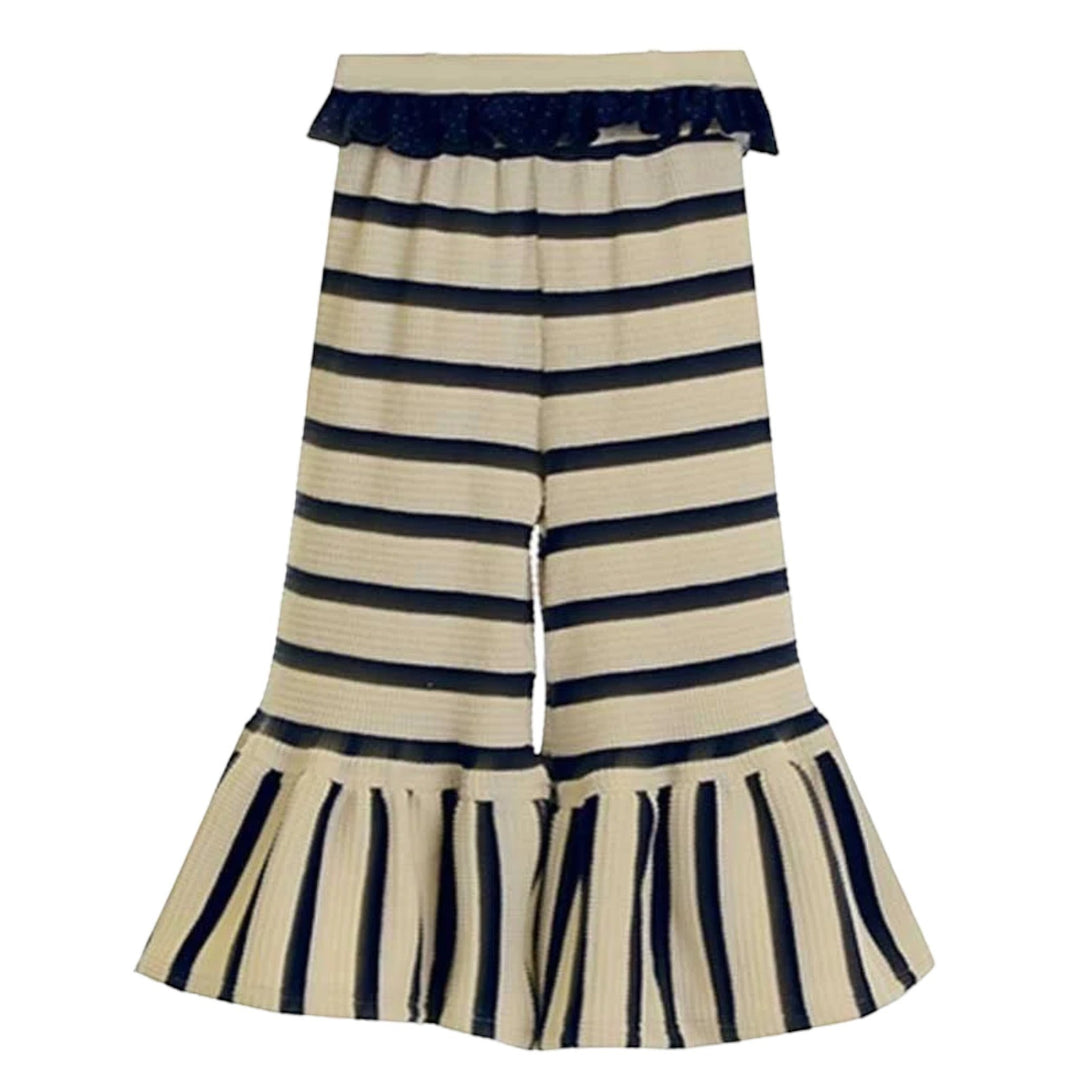 That Store Persnickety navy and cream striped cotton pants with a polka dot ruffle waistband and ruffled hem.