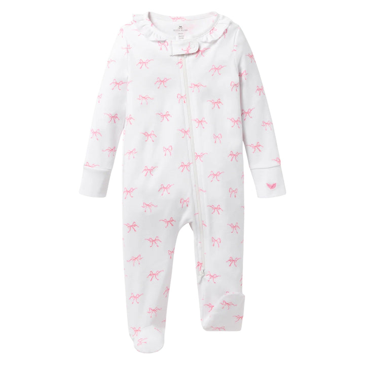 That Store baby romper in white Pima cotton with pink bow print, ruffle collar, and front zipper closure.