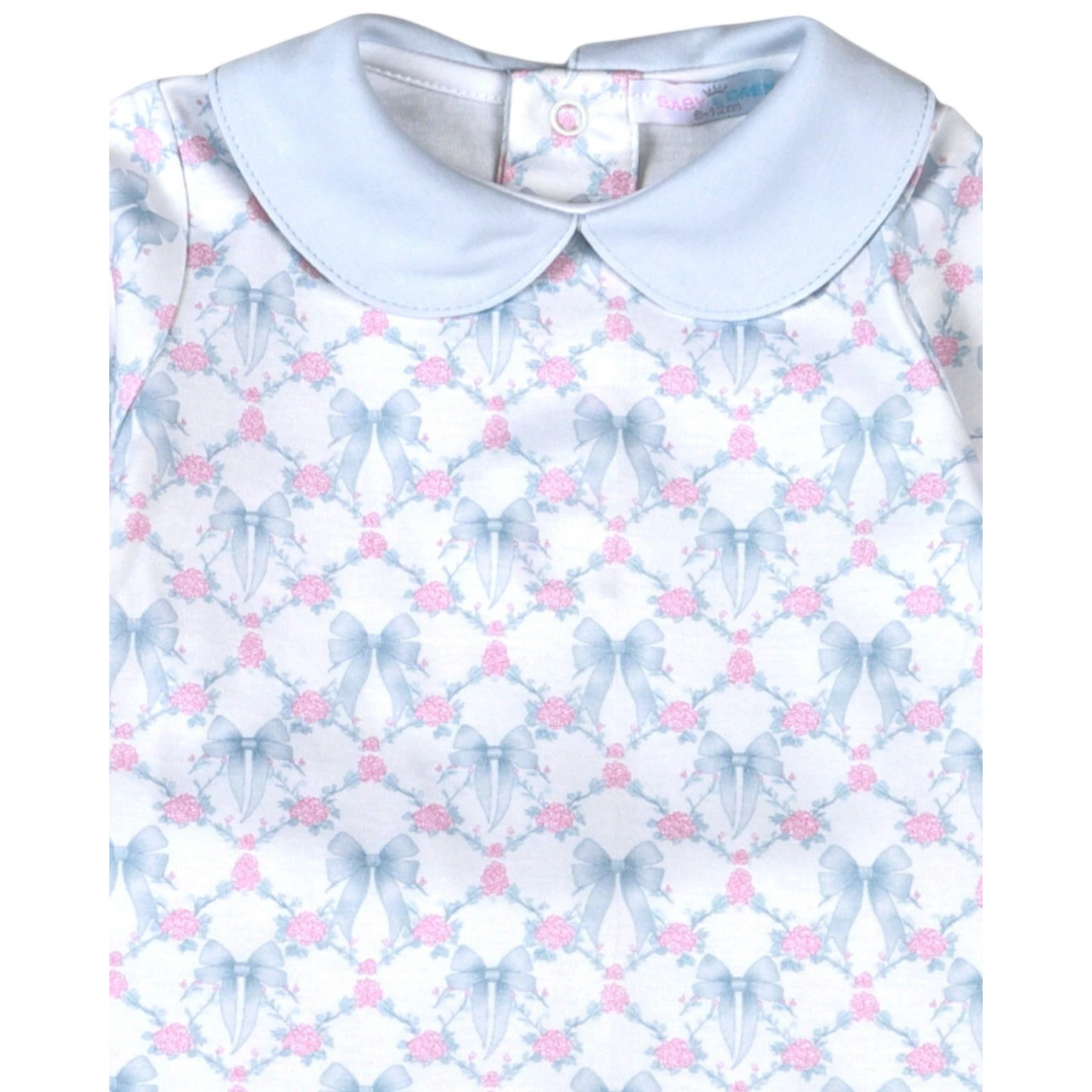 That Store girls Pima cotton bloomer set featuring a blue bow and pink rose floral print with a peter pan collar.