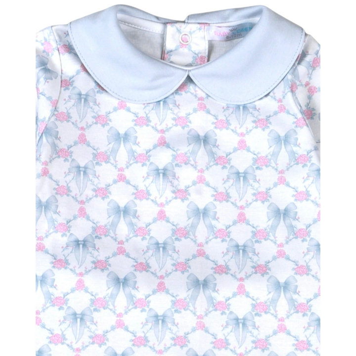 That Store girls Pima cotton bloomer set featuring a blue bow and pink rose floral print with a peter pan collar.