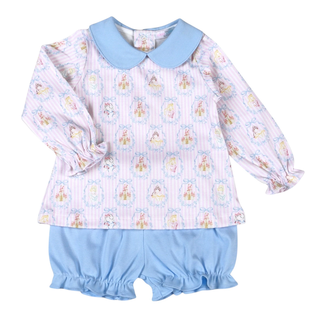 That Store girls Pima cotton bloomer set featuring a blue scallop collar and a pink castle print long sleeve top.