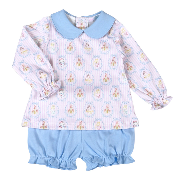 That Store girls Pima cotton bloomer set featuring a blue scallop collar and a pink castle print long sleeve top.