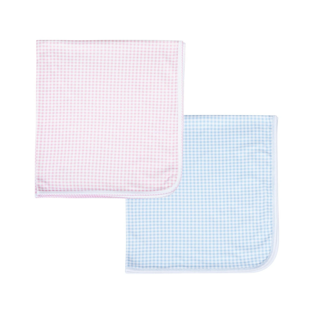 That Store Magnolia Baby Pima cotton receiving blankets in pink and blue mini check patterns with stitched edges.