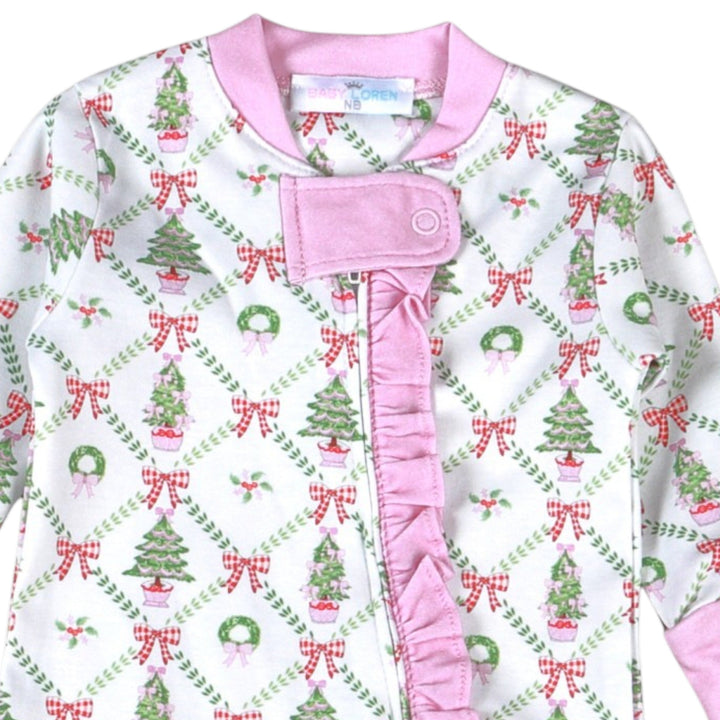 That Store Pima cotton baby footie with Christmas tree and wreath print and pink ruffled zipper detail