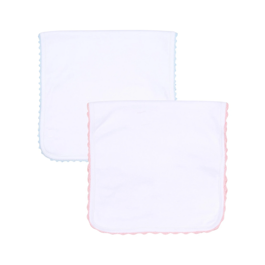 That Store Magnolia Baby Joy white pima cotton burp cloths with blue and pink handmade crochet trim edges