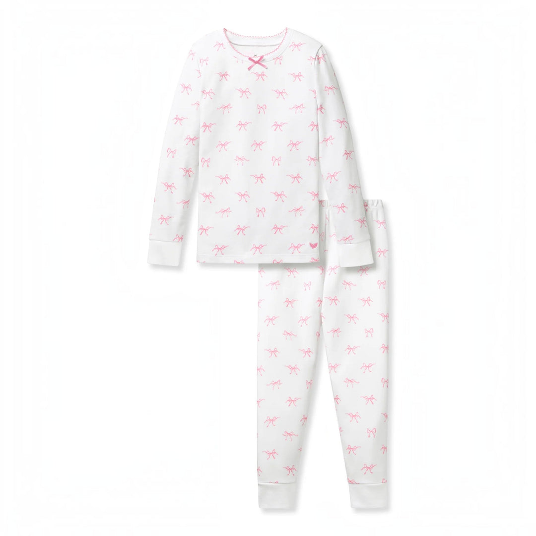 That Store kids pajama set in white Pima cotton with a pink Blushing Bows print, featuring a long-sleeve snug fit.