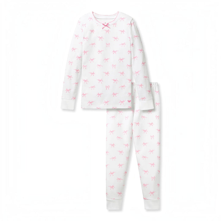 That Store kids pajama set in white Pima cotton with a pink Blushing Bows print, featuring a long-sleeve snug fit.