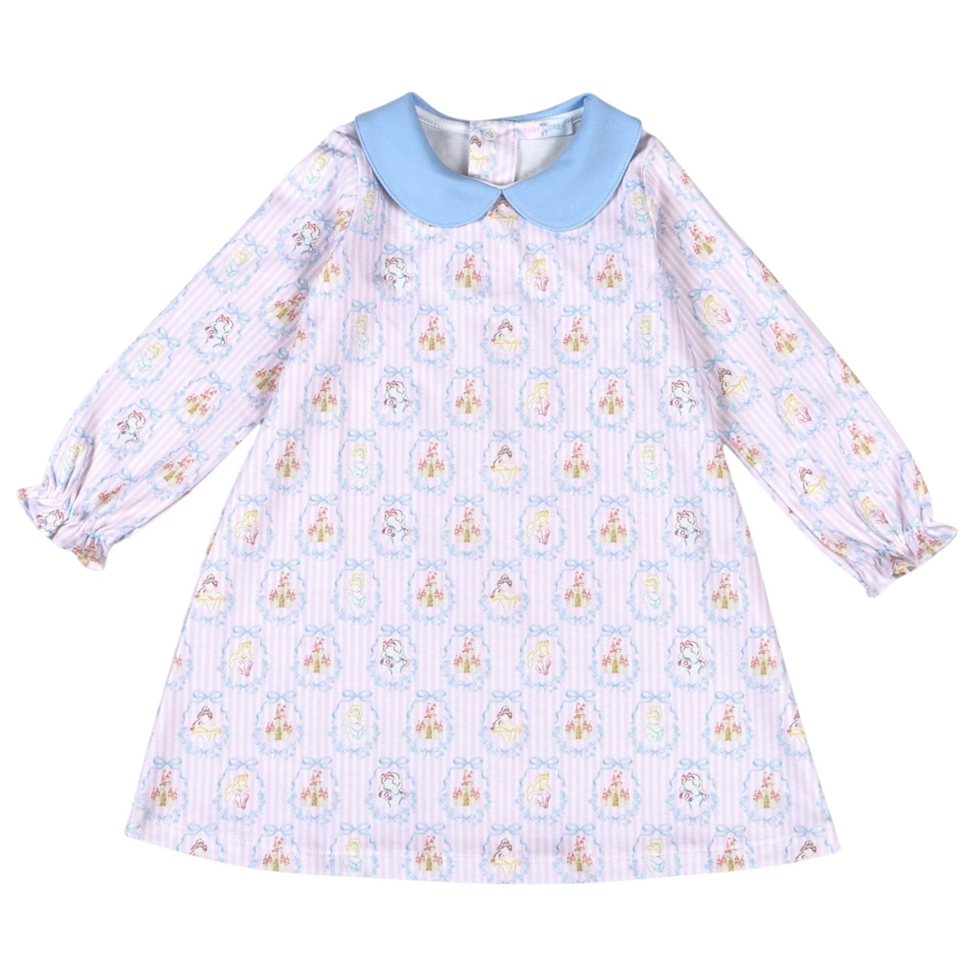 That Store Pima cotton dress featuring a blue scallop collar and a whimsical princess and castle print.